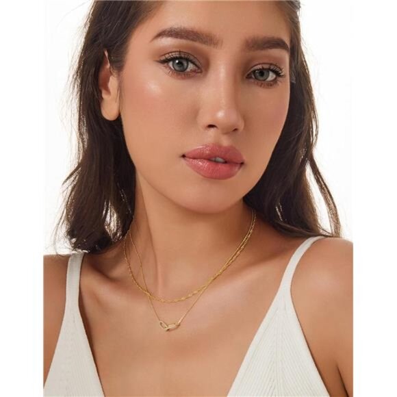 14K Gold Paperclip Pendant Necklace | Dainty Layered - Picture 2 of 5